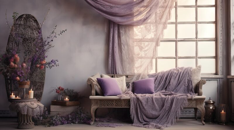 living room, architecture, vintage, lavender, window, interior, decoration, curtain, ai generated